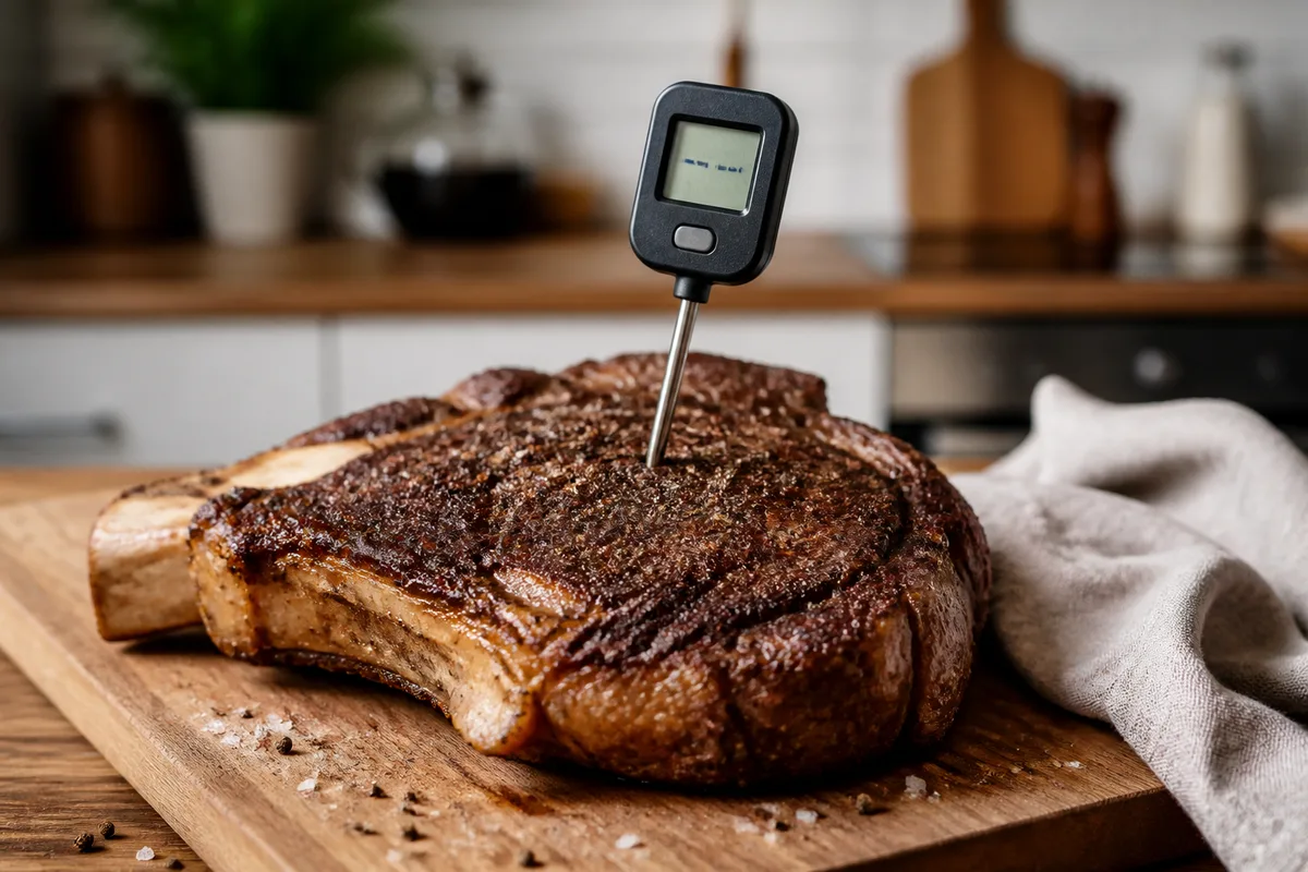 Thermomètre à sonde planté dans une côte de bœuf posée sur une planche en bois