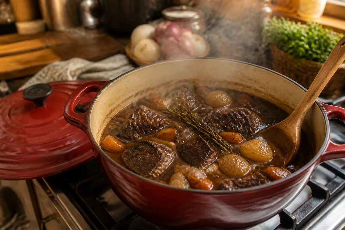 Cocotte en fonte ouverte laissant voir un braisé de joue de bœuf en cuisson