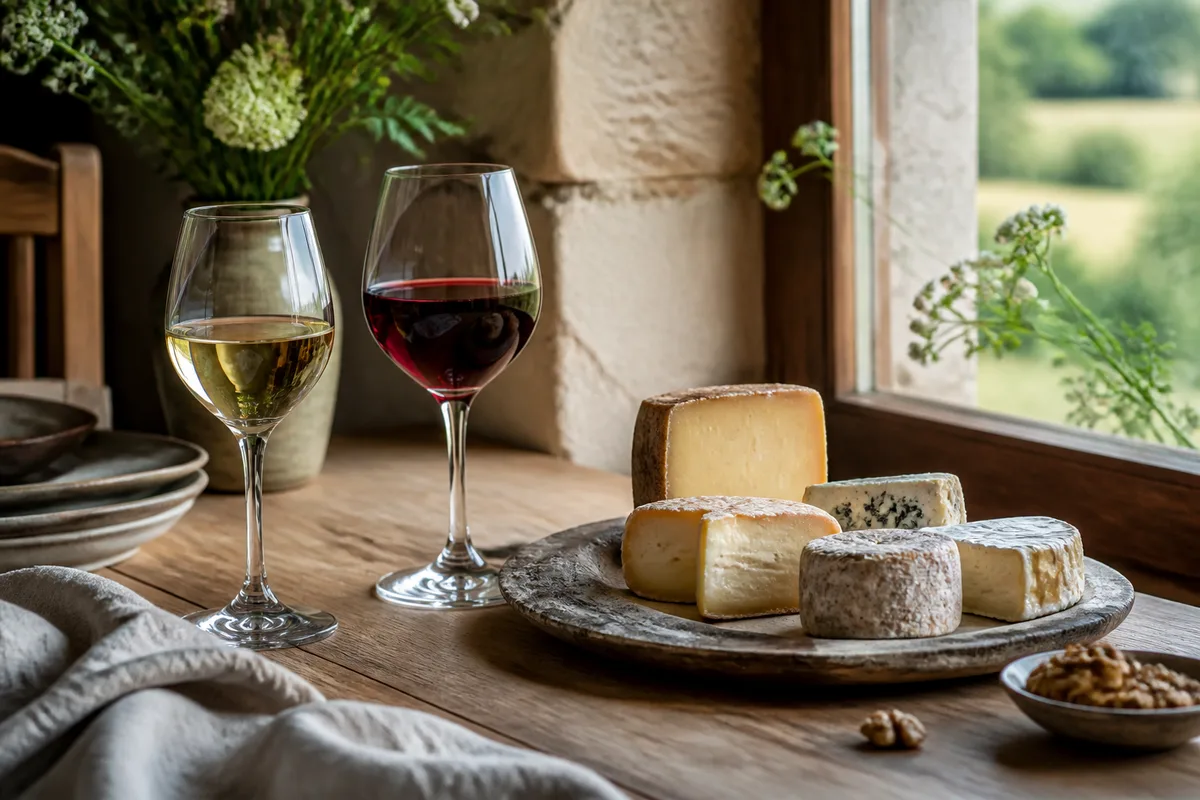 Verres de vin blanc et de vin rouge posés près d’un plateau de fromages