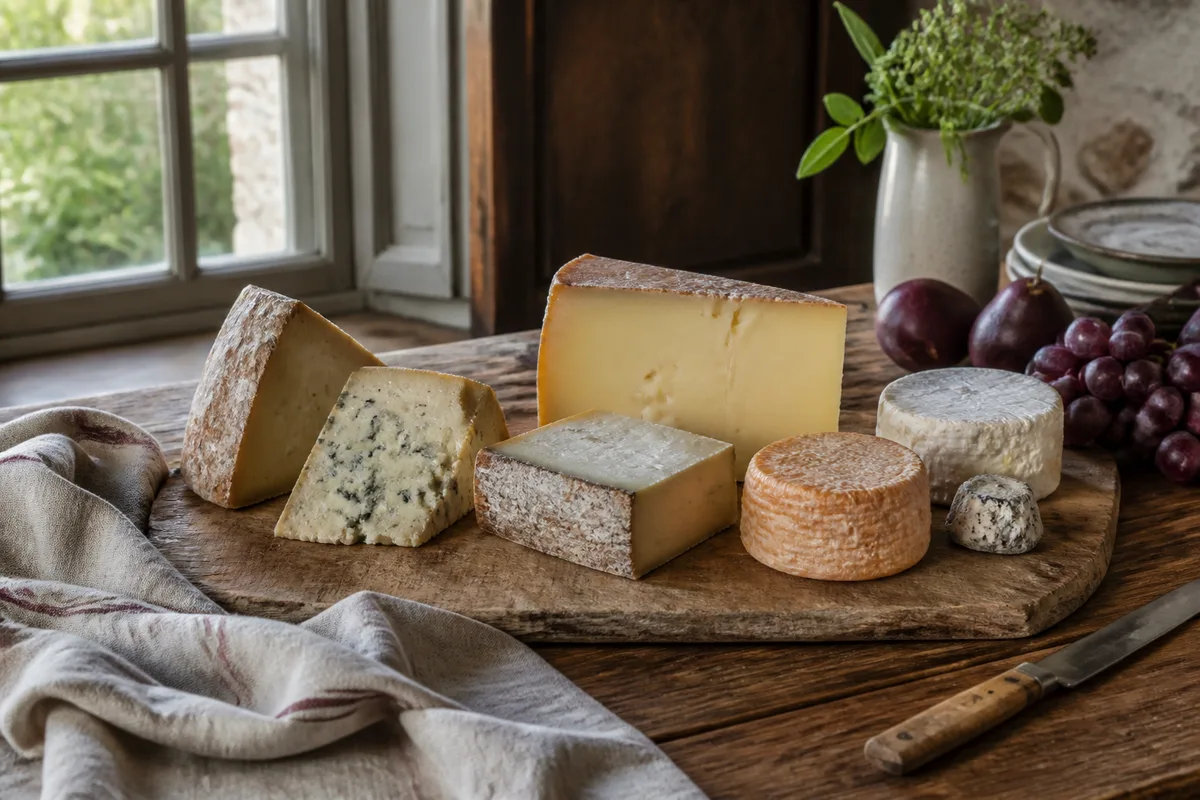 Plateau de fromages variés présenté sur une planche de bois