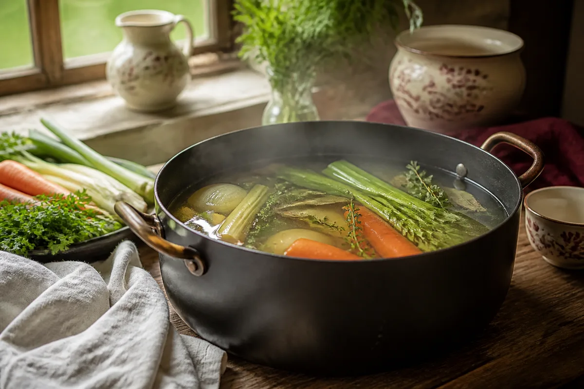 Marmite de fond en cuisson douce avec garniture aromatique