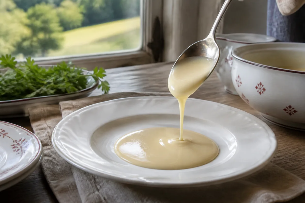 Sauce nappante versée sur une assiette blanche à l’aide d’une cuillère