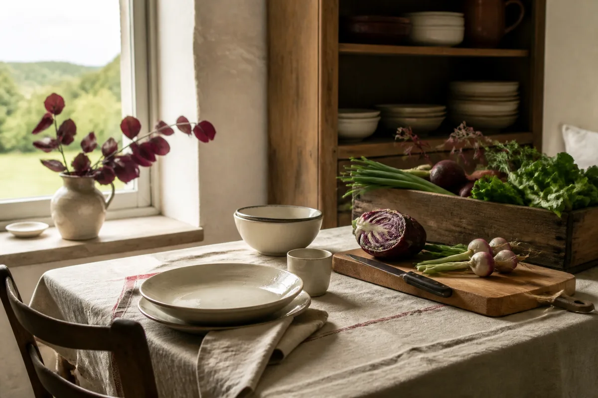 Légumes de saison et herbes fraîches posés sur un plan de travail en bois, près d'une casserole en cuivre