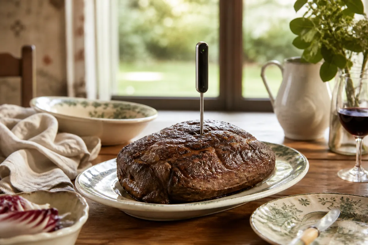 Sonde thermique plantée au centre d’une pièce de viande