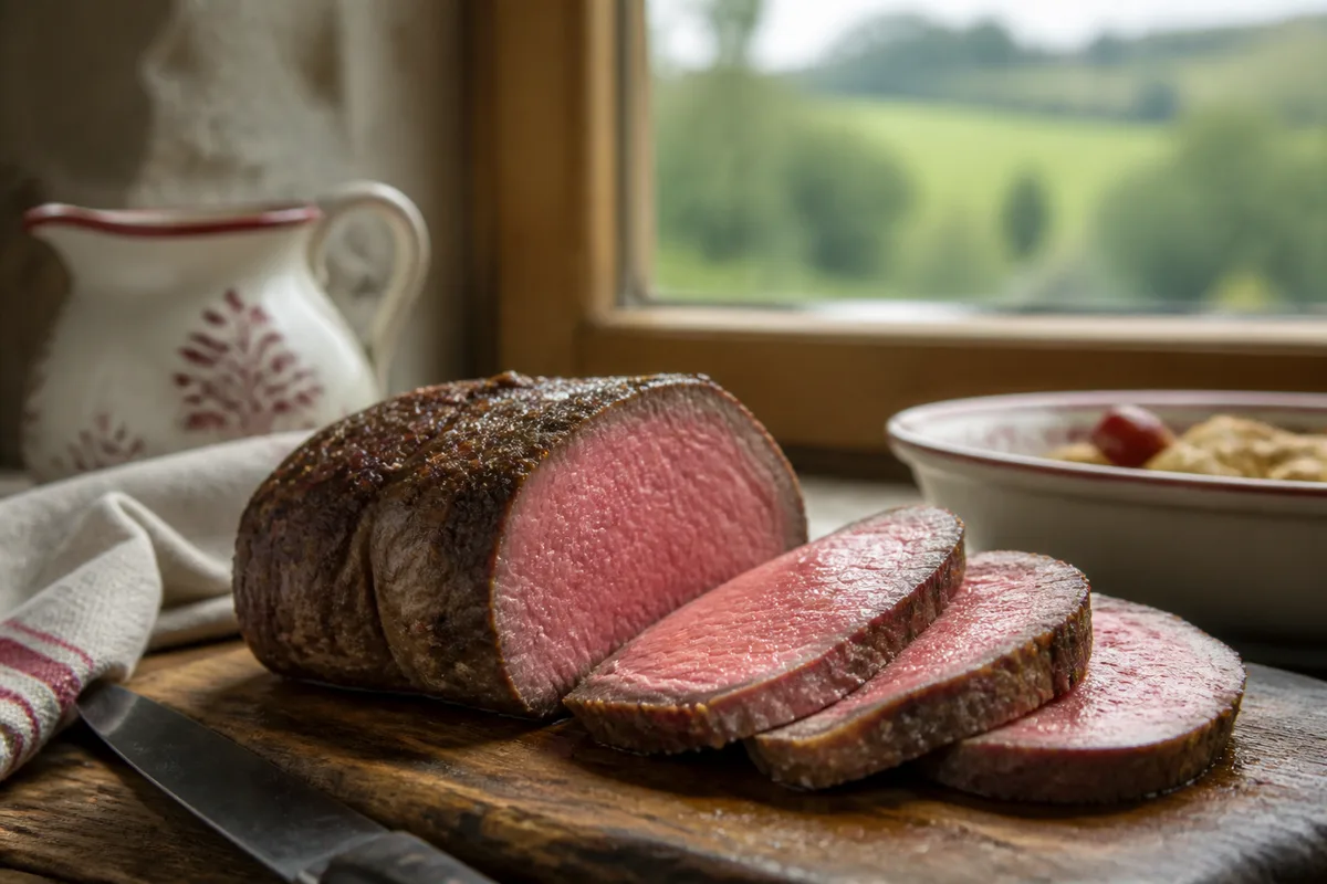 Pièce de viande tranchée montrant une cuisson rosée homogène