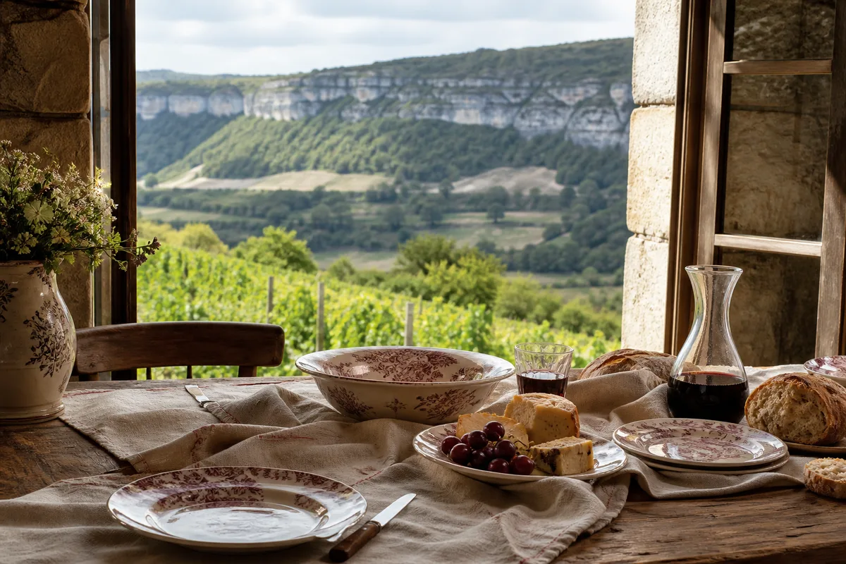 Rangs de vigne en coteau au-dessus d&rsquo;une vallée calcaire