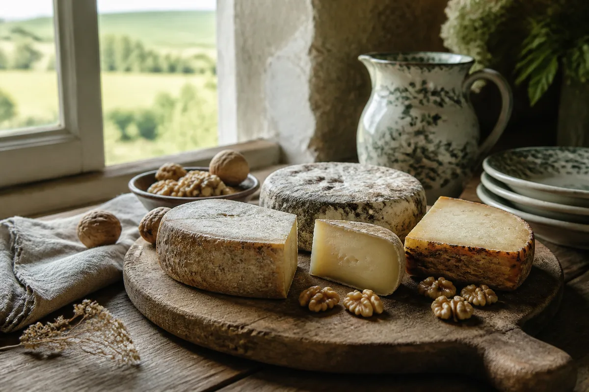 Planche de fromages de garde et de cerneaux de noix sur bois brut