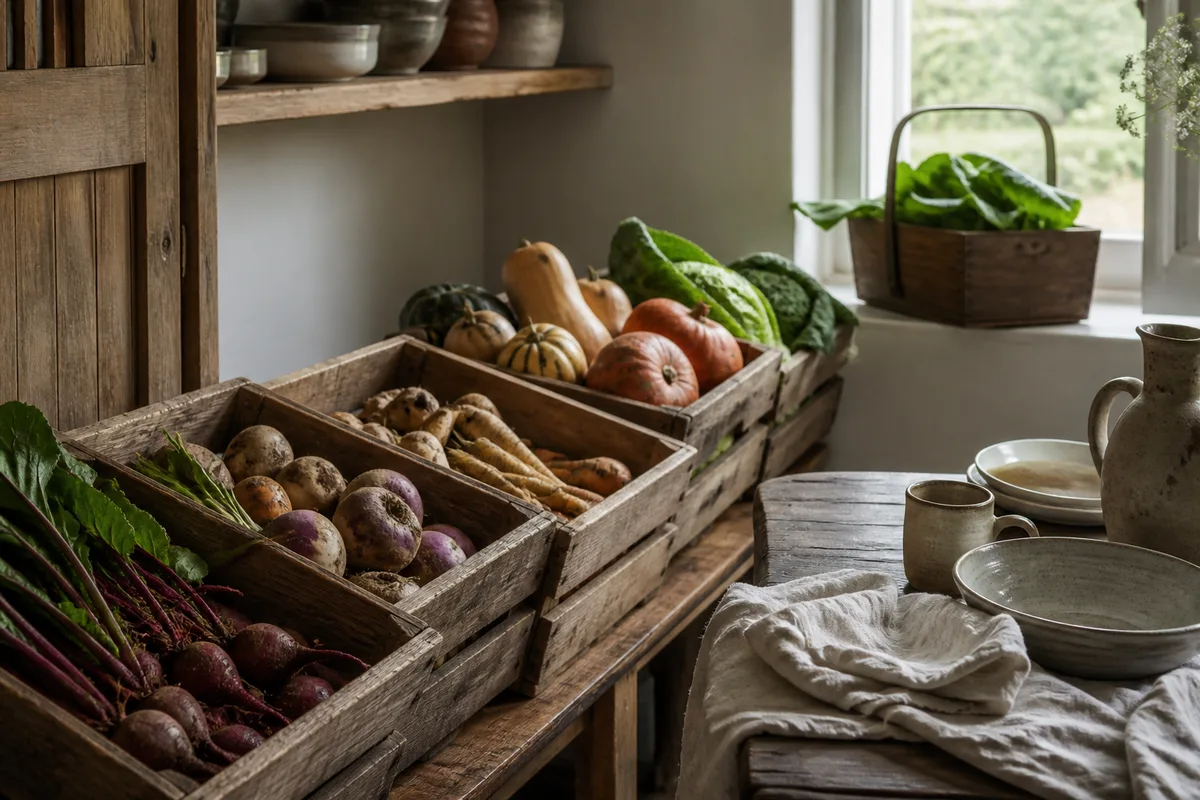Cageots de légumes racines et de courges alignés dans une réserve fraîche