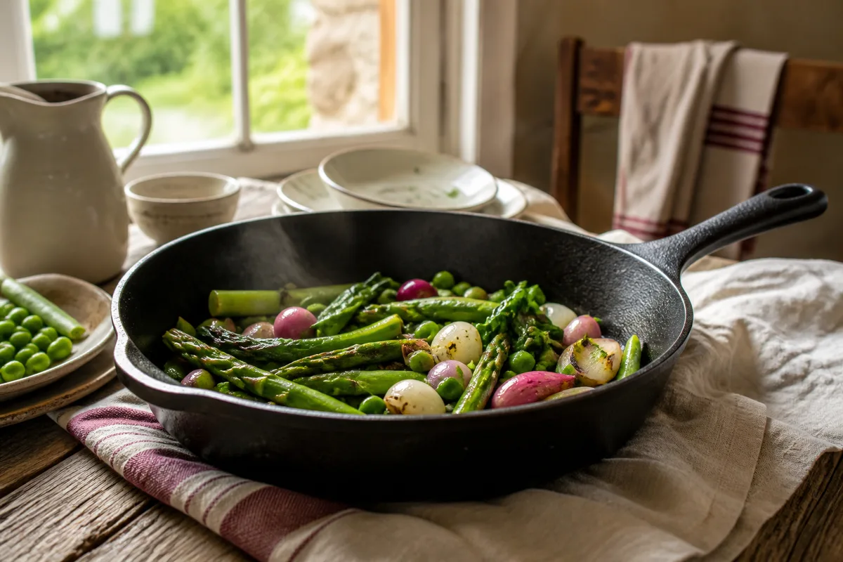Poêle en fonte contenant des légumes de printemps juste saisis