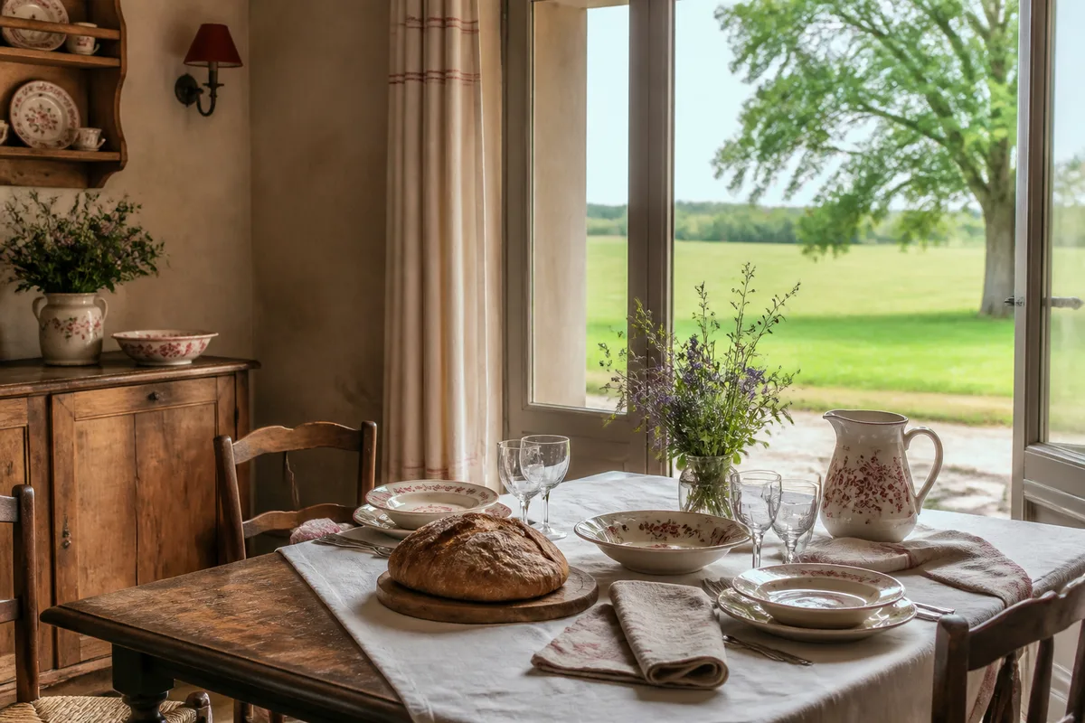 Vue d’une salle de repas rustique avec nappe blanche et pain de campagne