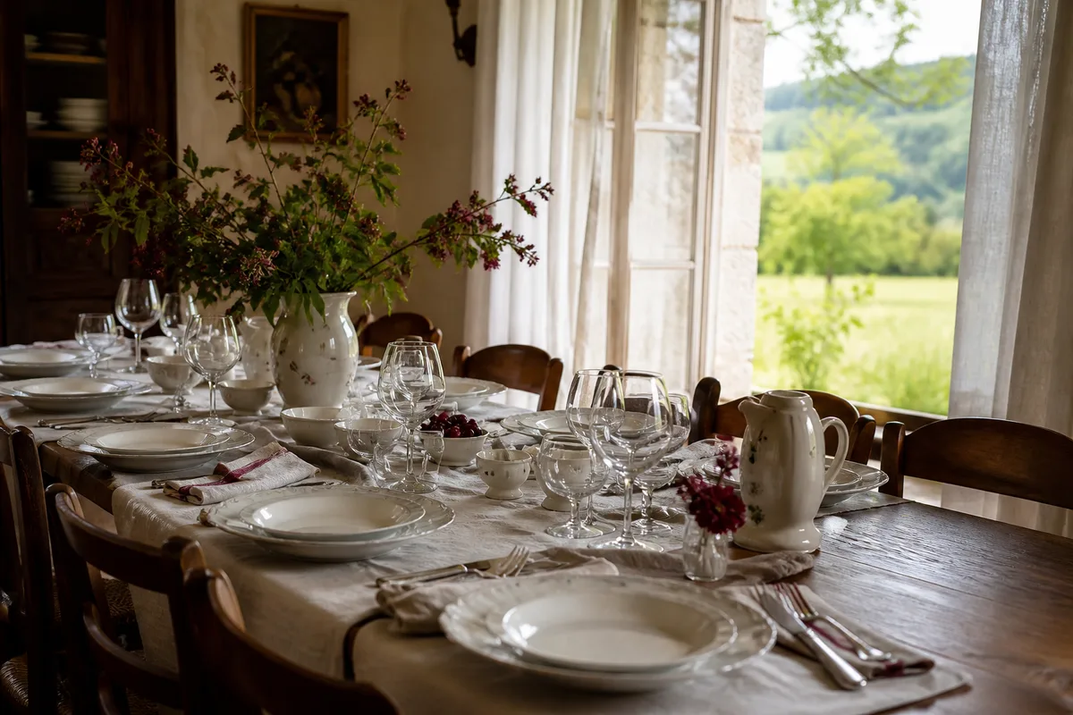 Grande tablée dressée avec vaisselle blanche et verres à pied
