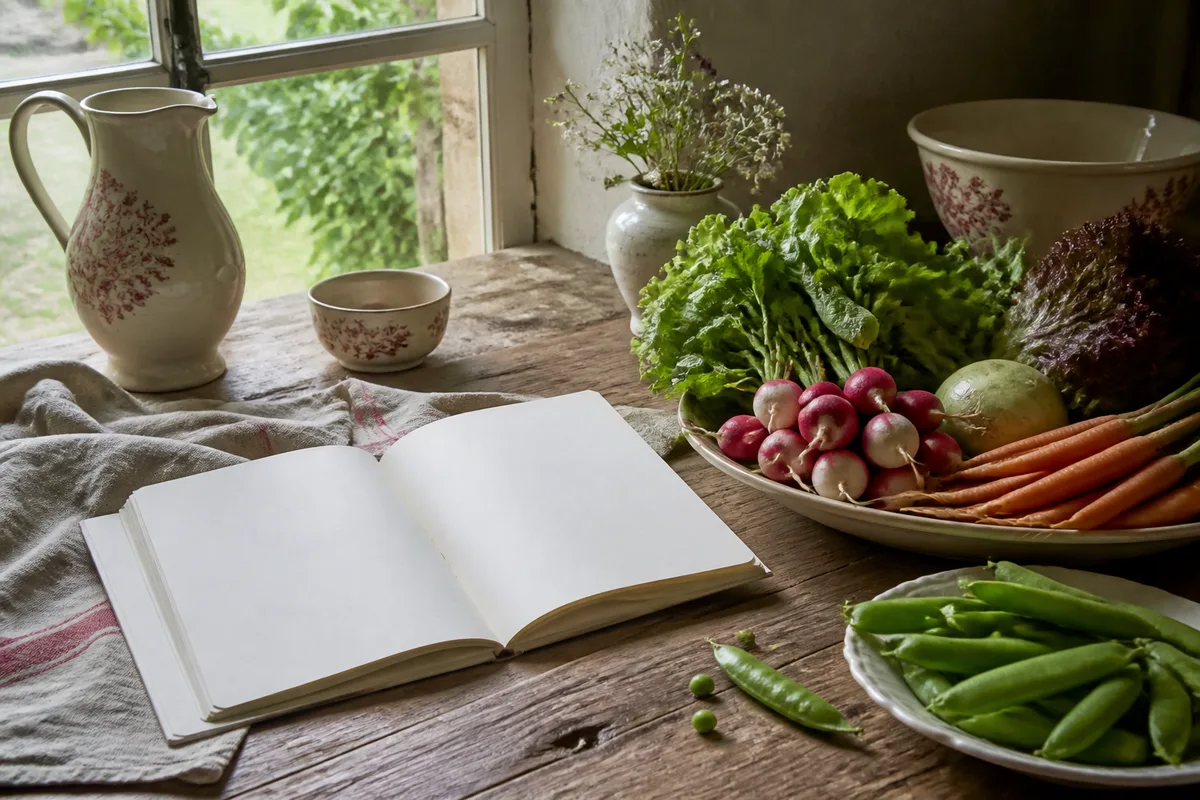 Cahier de notes ouvert à côté de légumes frais posés sur un plan de travail